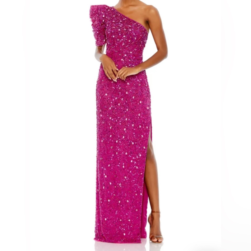 Max Duggal Embellished Puff One Shoulder Column Gown